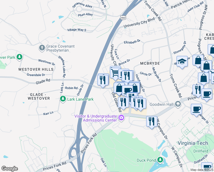 map of restaurants, bars, coffee shops, grocery stores, and more near 824 Cascade Court in Blacksburg