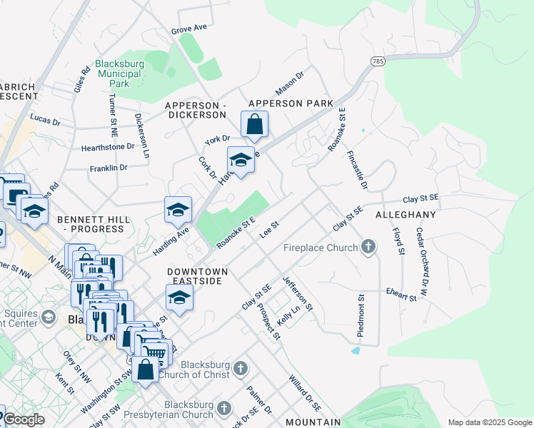 map of restaurants, bars, coffee shops, grocery stores, and more near 712 Lee Street in Blacksburg