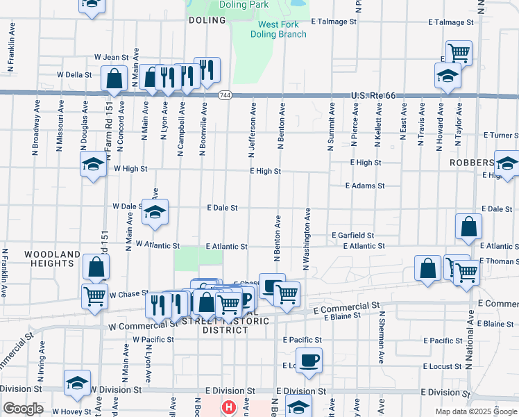 map of restaurants, bars, coffee shops, grocery stores, and more near 424 East Dale Street in Springfield