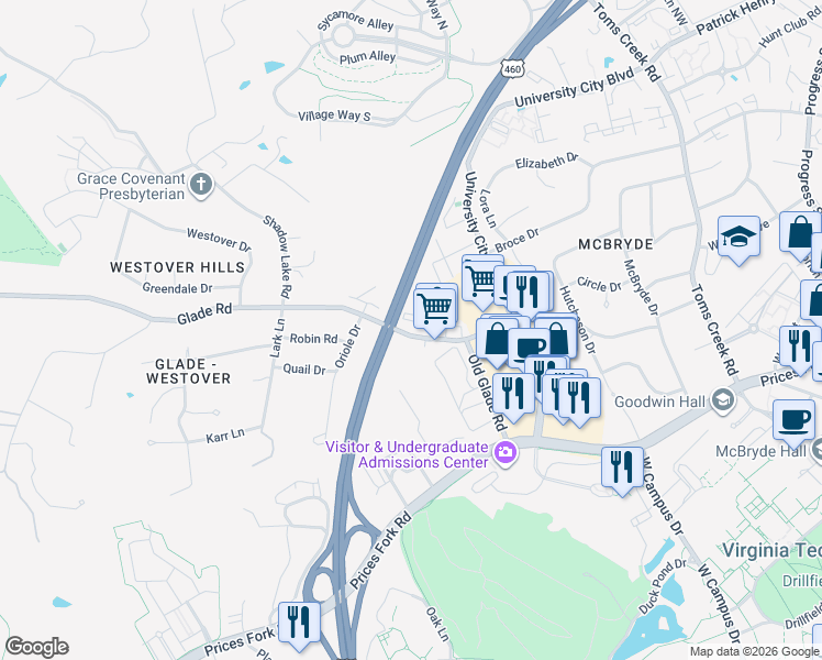 map of restaurants, bars, coffee shops, grocery stores, and more near 813 Glade Road in Blacksburg