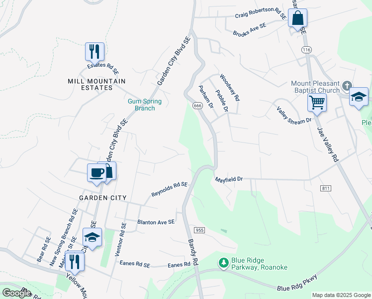 map of restaurants, bars, coffee shops, grocery stores, and more near 1616 Glenwood Drive Southeast in Roanoke