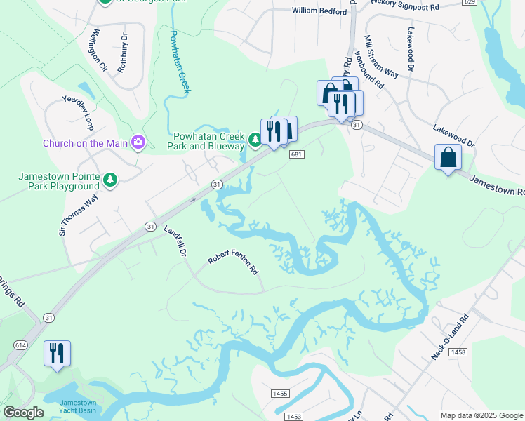 map of restaurants, bars, coffee shops, grocery stores, and more near 258 Sandy Bay Road in Williamsburg