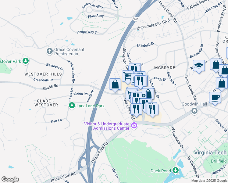 map of restaurants, bars, coffee shops, grocery stores, and more near 805 Claytor Square in Blacksburg