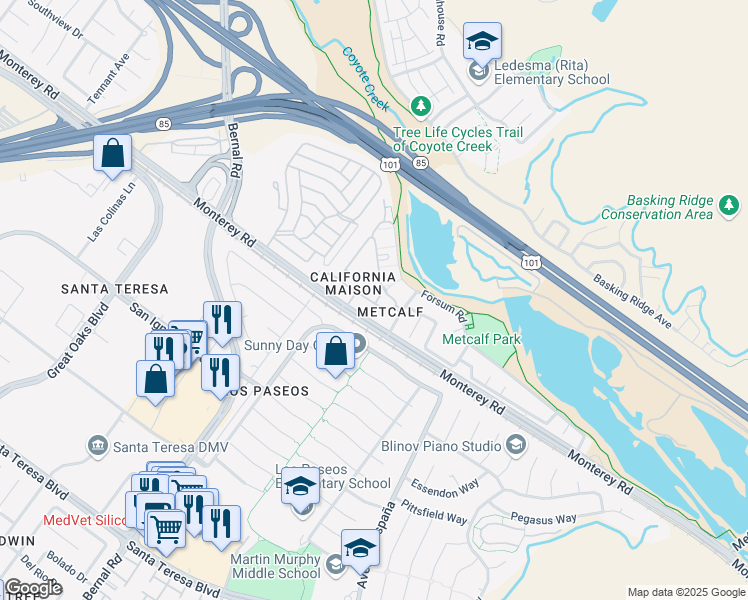 map of restaurants, bars, coffee shops, grocery stores, and more near 6999 Rodling Drive in San Jose