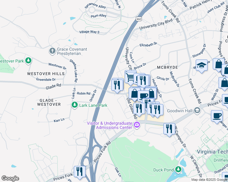 map of restaurants, bars, coffee shops, grocery stores, and more near 855 Claytor Square in Blacksburg