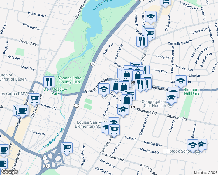 map of restaurants, bars, coffee shops, grocery stores, and more near 16973 Roberts Road in Los Gatos