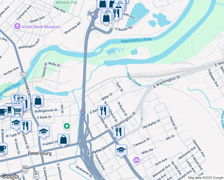 map of restaurants, bars, coffee shops, grocery stores, and more near 843 Miller Street in Petersburg