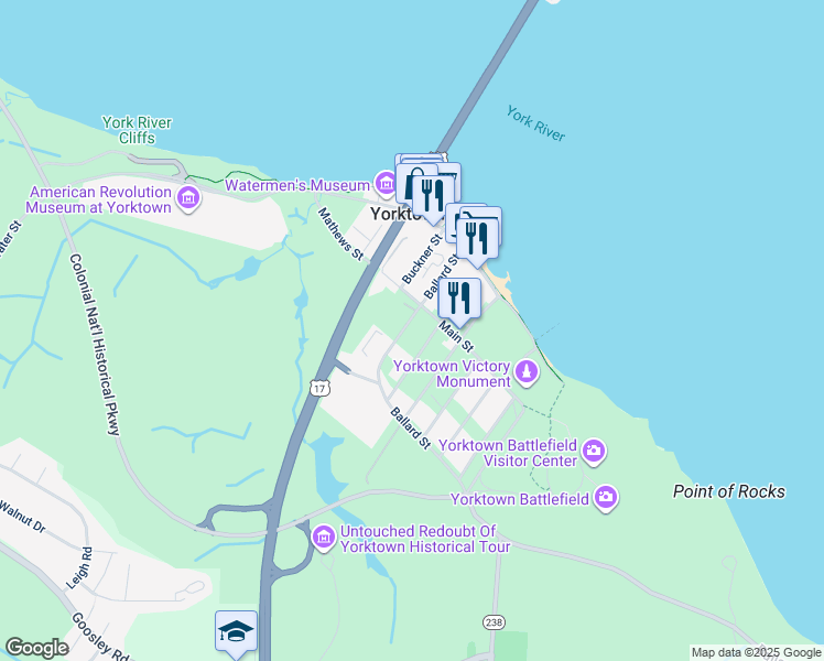 map of restaurants, bars, coffee shops, grocery stores, and more near 205 Ballard Street in Yorktown