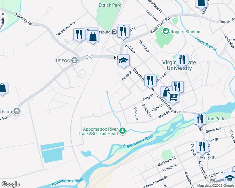 map of restaurants, bars, coffee shops, grocery stores, and more near 3815 Greenwood Drive in Ettrick