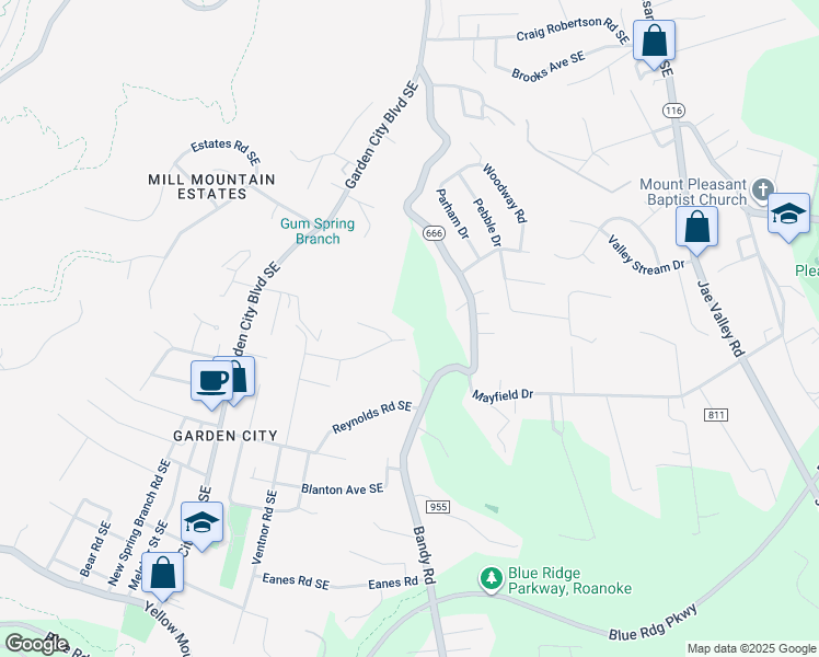 map of restaurants, bars, coffee shops, grocery stores, and more near 1616 Glenwood Drive Southeast in Roanoke