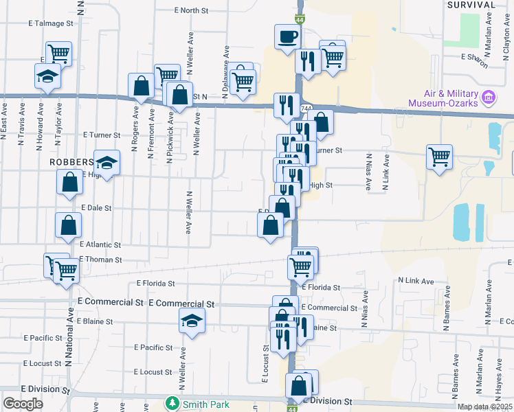 map of restaurants, bars, coffee shops, grocery stores, and more near 2024 North Avenue B in Springfield