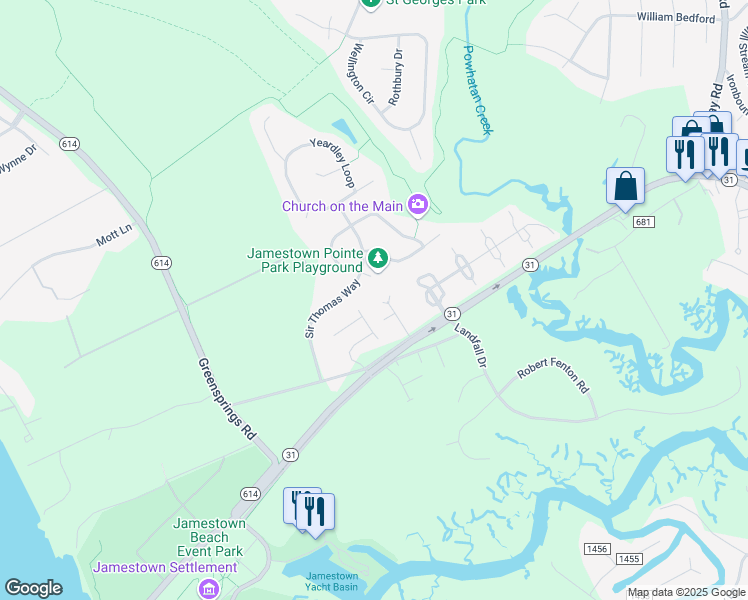 map of restaurants, bars, coffee shops, grocery stores, and more near 115 Cardinal Acres Drive in Williamsburg