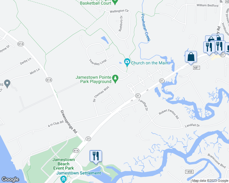 map of restaurants, bars, coffee shops, grocery stores, and more near 117 Cardinal Acres Drive in Williamsburg