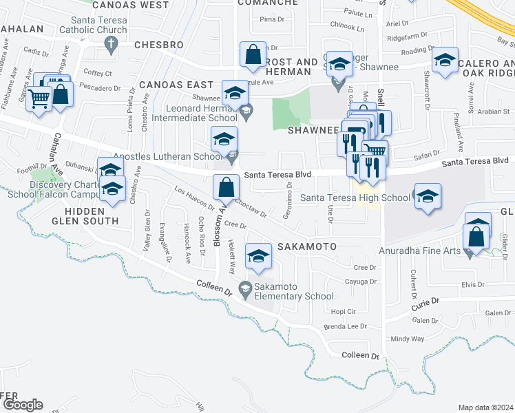 map of restaurants, bars, coffee shops, grocery stores, and more near 719 Choctaw Drive in San Jose