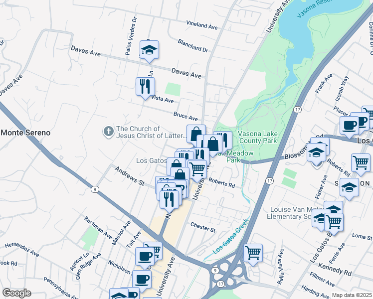 map of restaurants, bars, coffee shops, grocery stores, and more near 216 San Mateo Avenue in Los Gatos