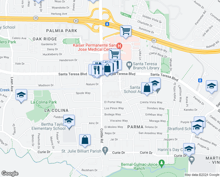 map of restaurants, bars, coffee shops, grocery stores, and more near 6192 Cottle Road in San Jose