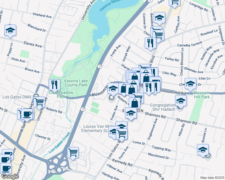 map of restaurants, bars, coffee shops, grocery stores, and more near 16945 Roberts Road in Los Gatos