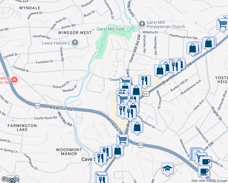 map of restaurants, bars, coffee shops, grocery stores, and more near 3501 Normandy Lane in Cave Spring
