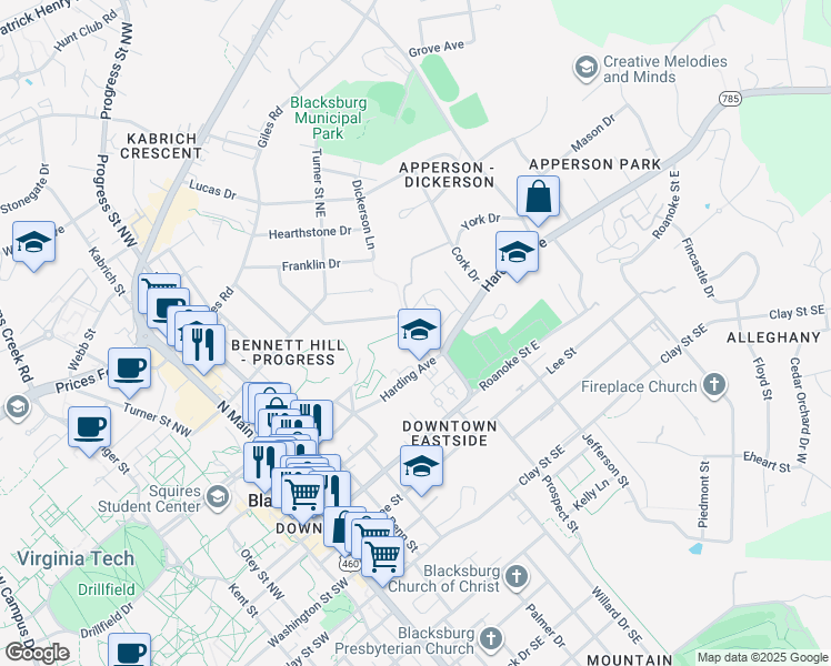 map of restaurants, bars, coffee shops, grocery stores, and more near 401-441 Harding Avenue in Blacksburg