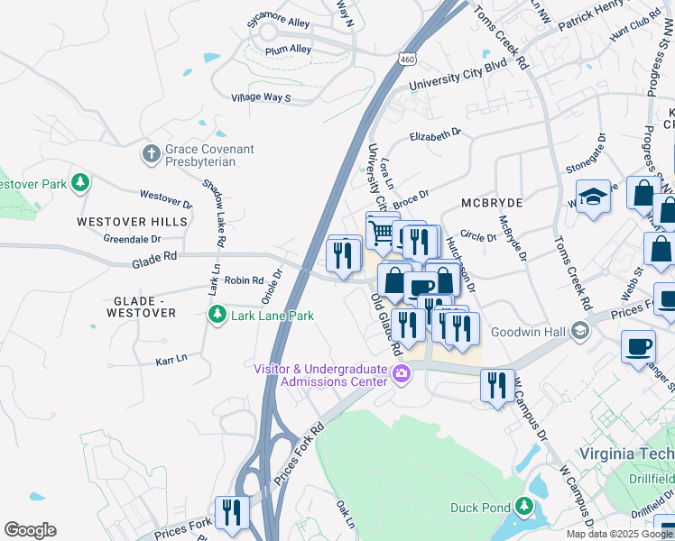 map of restaurants, bars, coffee shops, grocery stores, and more near 813 Glade Road in Blacksburg