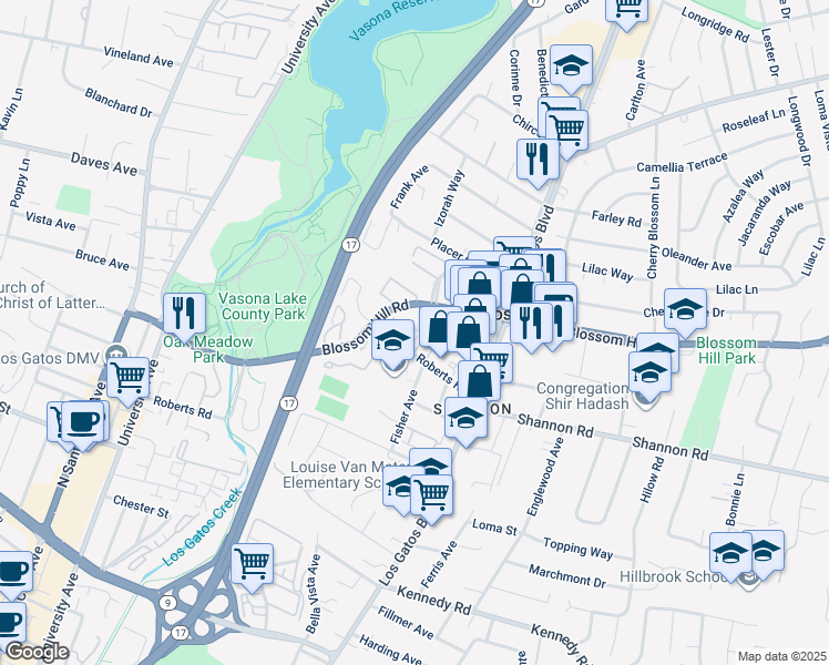 map of restaurants, bars, coffee shops, grocery stores, and more near 16973 Roberts Road in Los Gatos