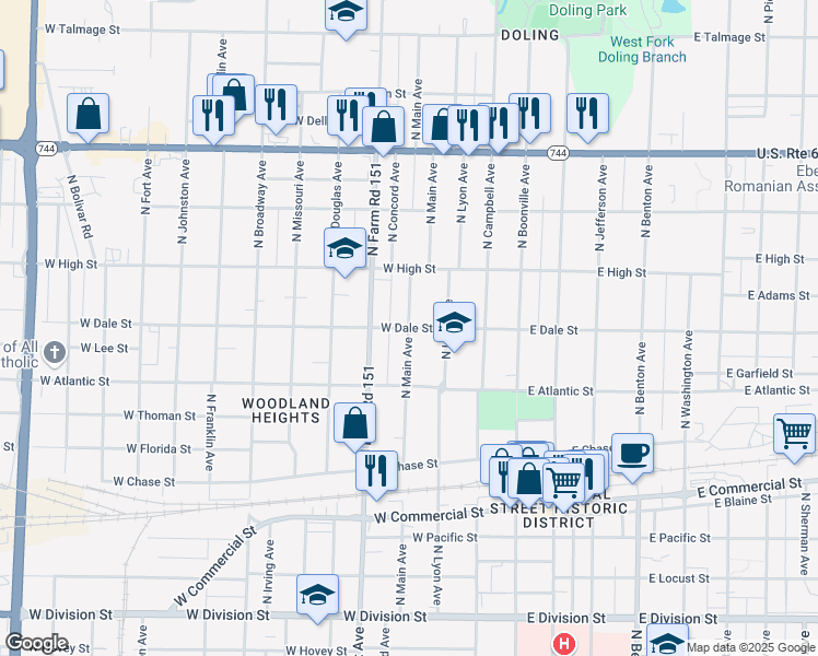 map of restaurants, bars, coffee shops, grocery stores, and more near 600 West Dale Street in Springfield