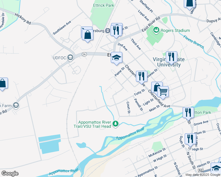 map of restaurants, bars, coffee shops, grocery stores, and more near 3815 Greenwood Drive in Ettrick