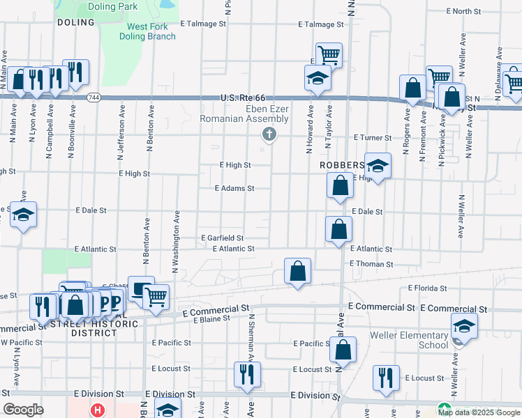 map of restaurants, bars, coffee shops, grocery stores, and more near 2044 North Kellett Avenue in Springfield