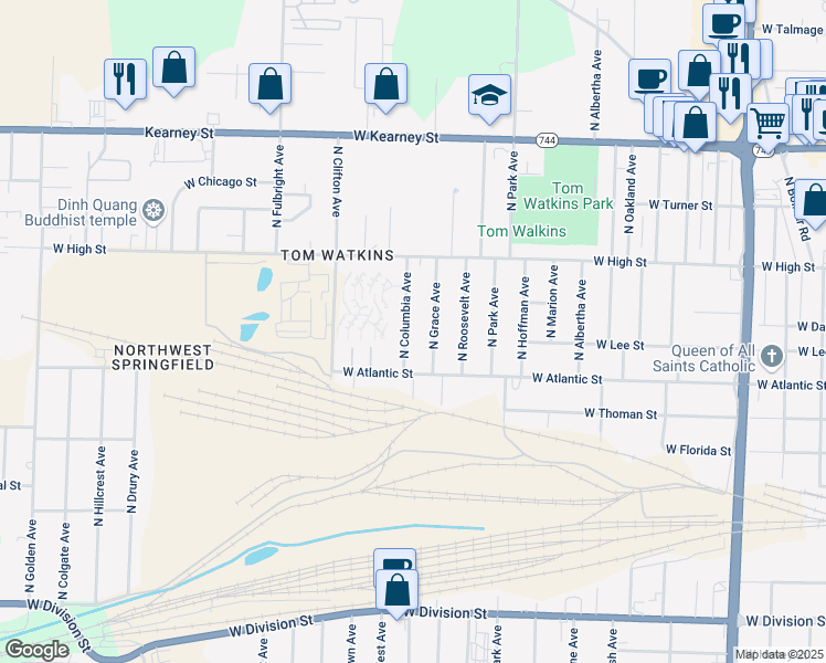 map of restaurants, bars, coffee shops, grocery stores, and more near 2421 West Atlantic Street in Springfield
