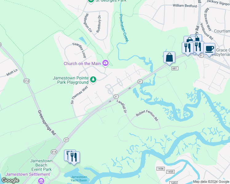 map of restaurants, bars, coffee shops, grocery stores, and more near 903 London Company Way in Williamsburg