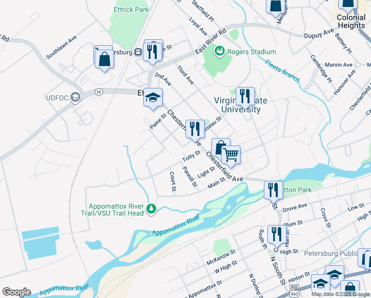 map of restaurants, bars, coffee shops, grocery stores, and more near 21301 Bremo Avenue in Petersburg