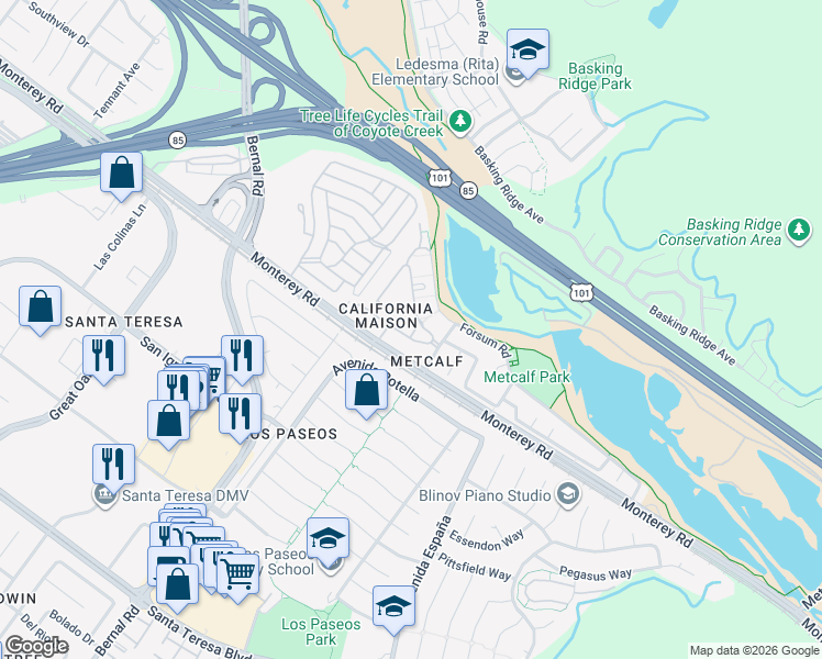 map of restaurants, bars, coffee shops, grocery stores, and more near 6999 Rodling Drive in San Jose
