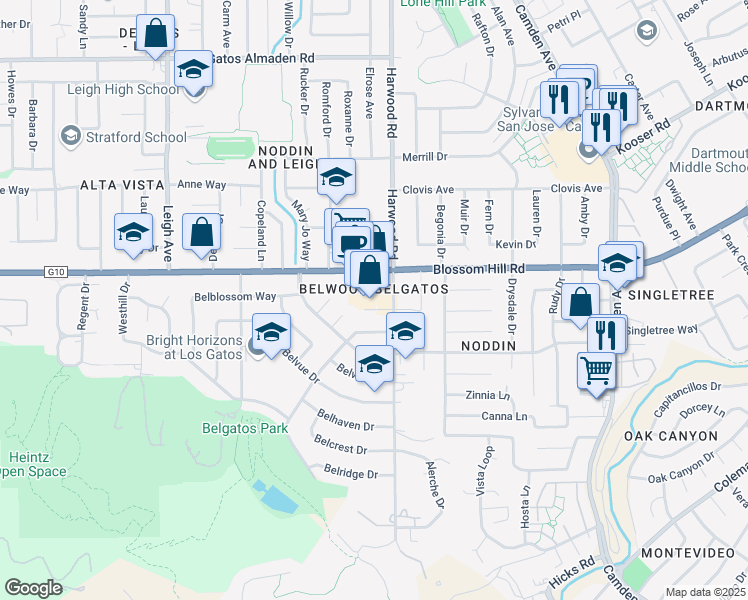 map of restaurants, bars, coffee shops, grocery stores, and more near 14080 Blossom Hill Road in Los Gatos