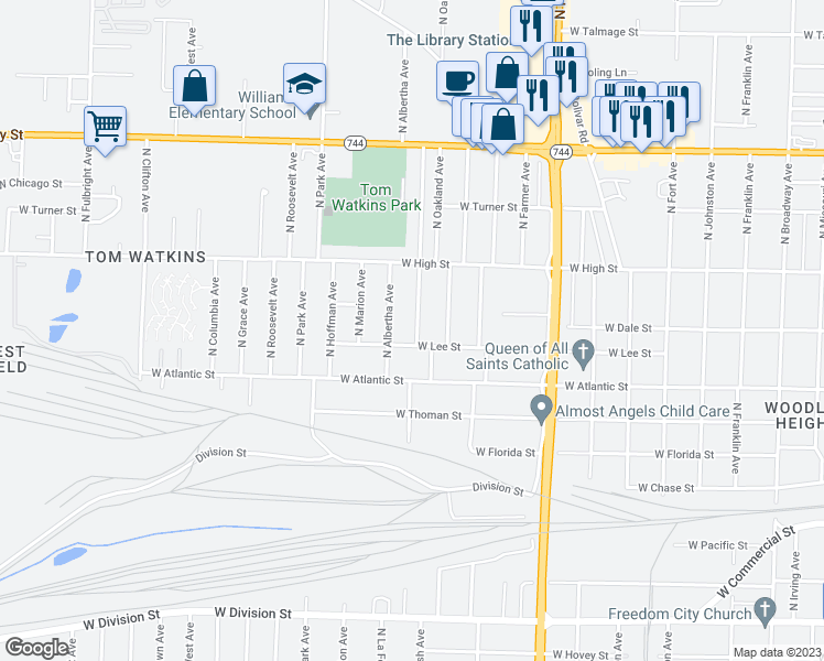 map of restaurants, bars, coffee shops, grocery stores, and more near 2051 North Elizabeth Avenue in Springfield