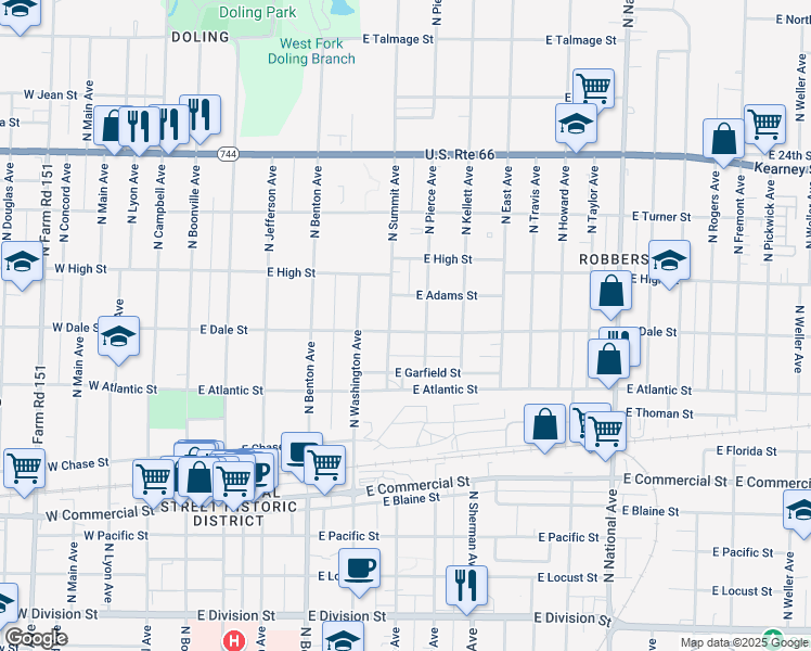 map of restaurants, bars, coffee shops, grocery stores, and more near 715 East Dale Street in Springfield