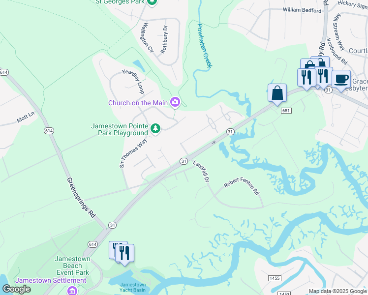 map of restaurants, bars, coffee shops, grocery stores, and more near 600 London Company Way in Williamsburg