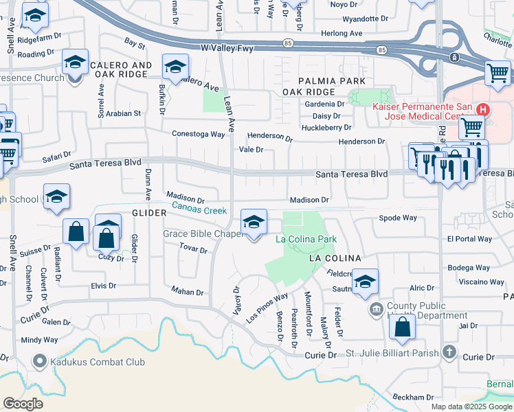 map of restaurants, bars, coffee shops, grocery stores, and more near 406 Madison Drive in San Jose