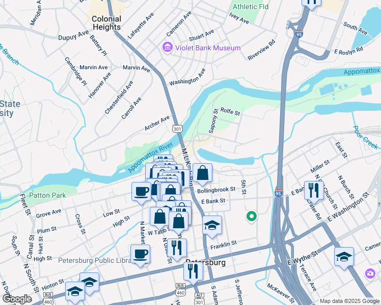 map of restaurants, bars, coffee shops, grocery stores, and more near 600 Bridge Street in Petersburg