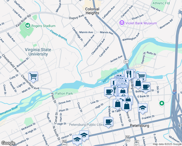 map of restaurants, bars, coffee shops, grocery stores, and more near 200 Archer Avenue in Colonial Heights