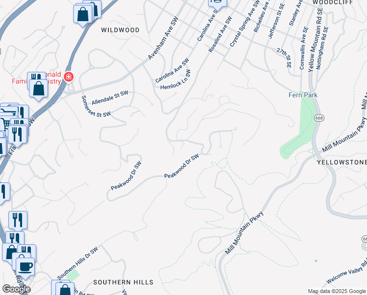 map of restaurants, bars, coffee shops, grocery stores, and more near 3173-3199 Stoneridge Road Southwest in Roanoke