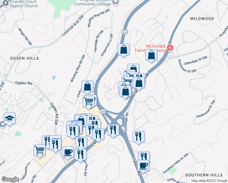 map of restaurants, bars, coffee shops, grocery stores, and more near 3719 Parliament Road Southwest in Roanoke