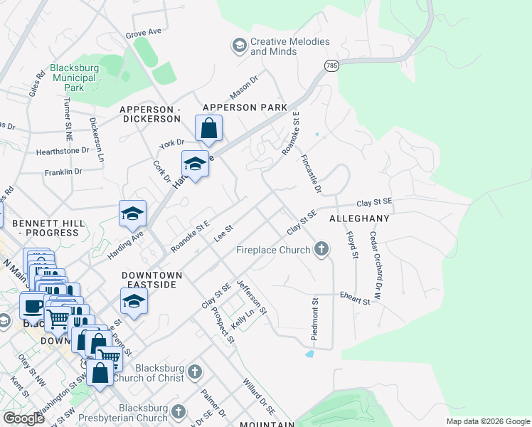 map of restaurants, bars, coffee shops, grocery stores, and more near 200-298 Alleghany St in Blacksburg