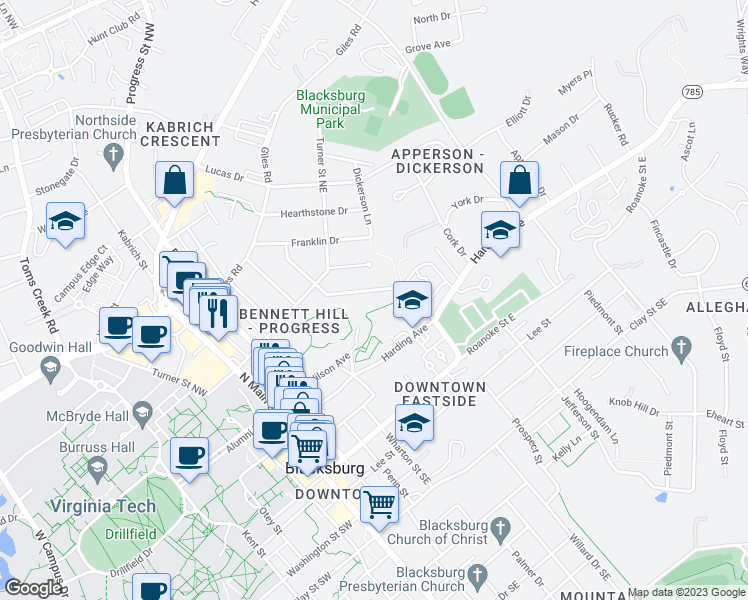 map of restaurants, bars, coffee shops, grocery stores, and more near 317 Owens Street in Blacksburg