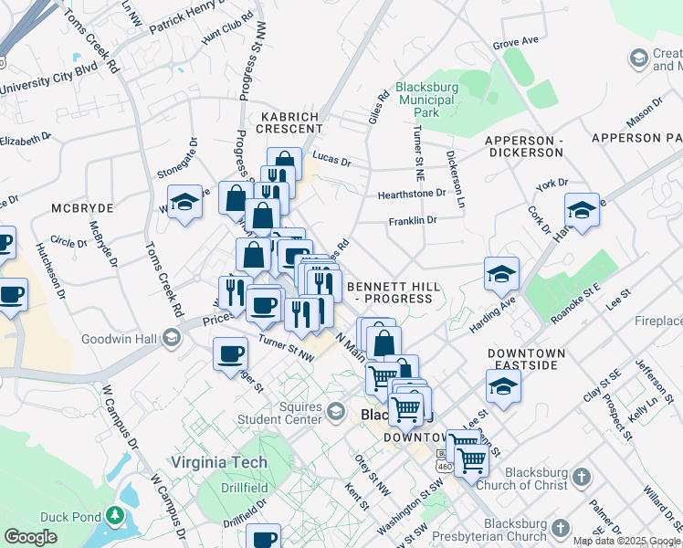 map of restaurants, bars, coffee shops, grocery stores, and more near 301 Giles Road in Blacksburg