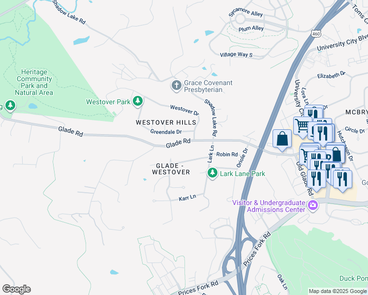 map of restaurants, bars, coffee shops, grocery stores, and more near 1301 Greendale Dr in Blacksburg