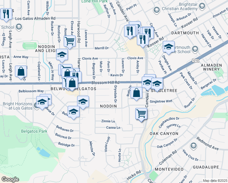 map of restaurants, bars, coffee shops, grocery stores, and more near 5633 Drysdale Drive in San Jose