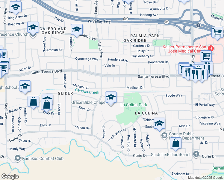 map of restaurants, bars, coffee shops, grocery stores, and more near 406 Madison Drive in San Jose