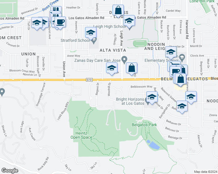 map of restaurants, bars, coffee shops, grocery stores, and more near 54 Old Orchard Drive in Los Gatos