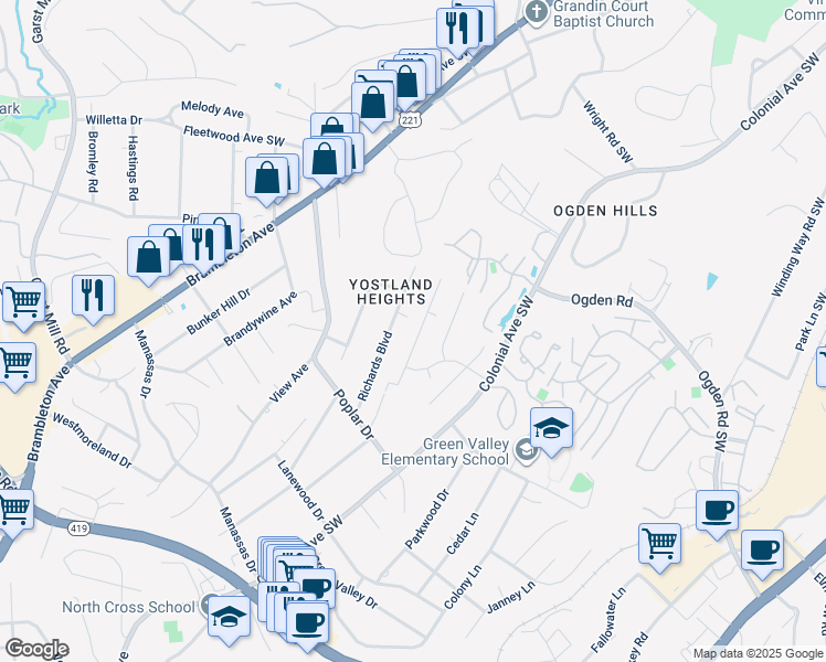 map of restaurants, bars, coffee shops, grocery stores, and more near 3457 Greencliff Road in Cave Spring