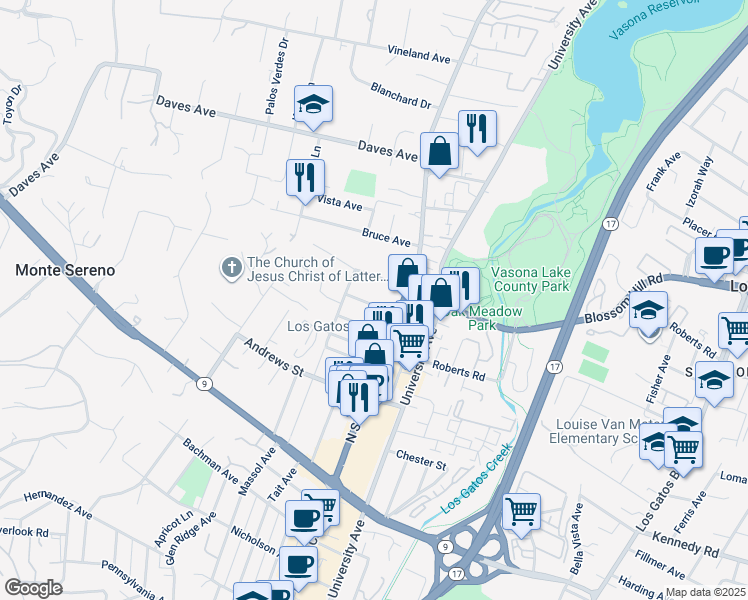 map of restaurants, bars, coffee shops, grocery stores, and more near 230 San Mateo Avenue in Los Gatos